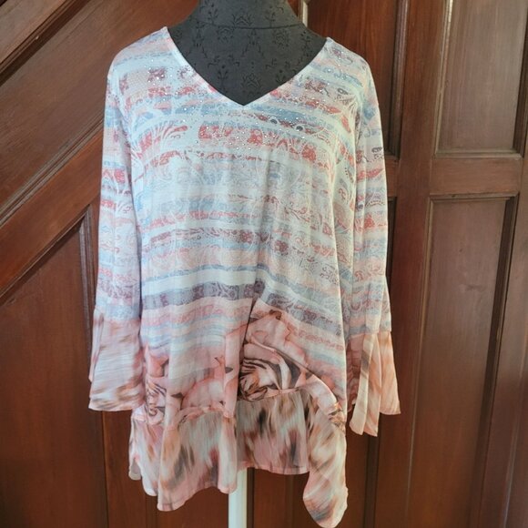 One World Womens V-Neck Multicolor Tunic Top Bell Sleeves Rhinestone Accents 1X - Picture 1 of 10